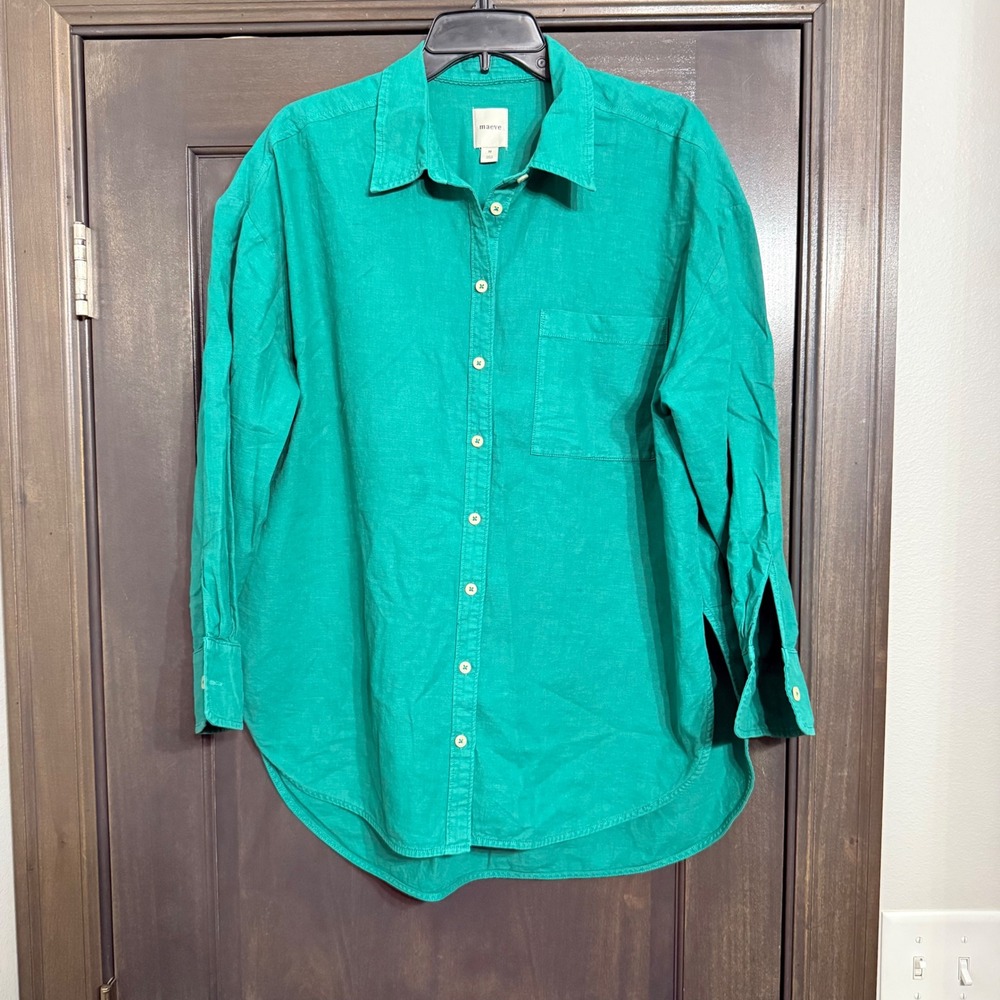 Maeve Anthropologie Green Linen Cotton Oversized Button Down Shirt Medium